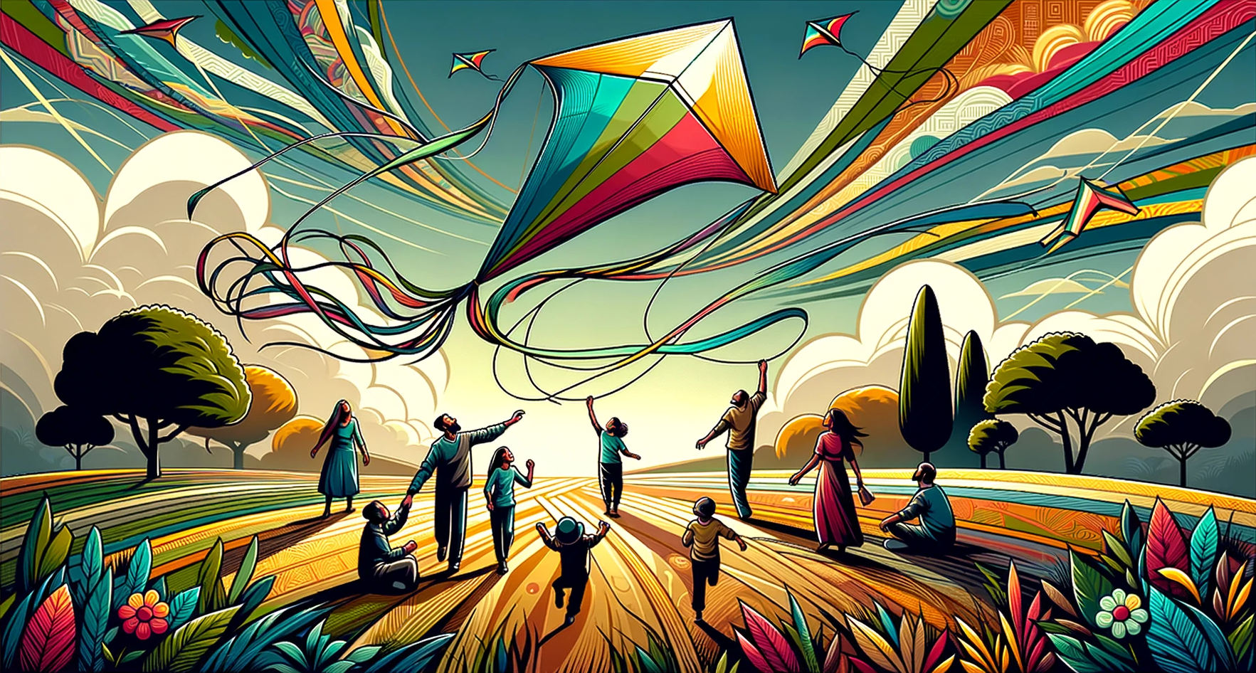 family flying kites in a field