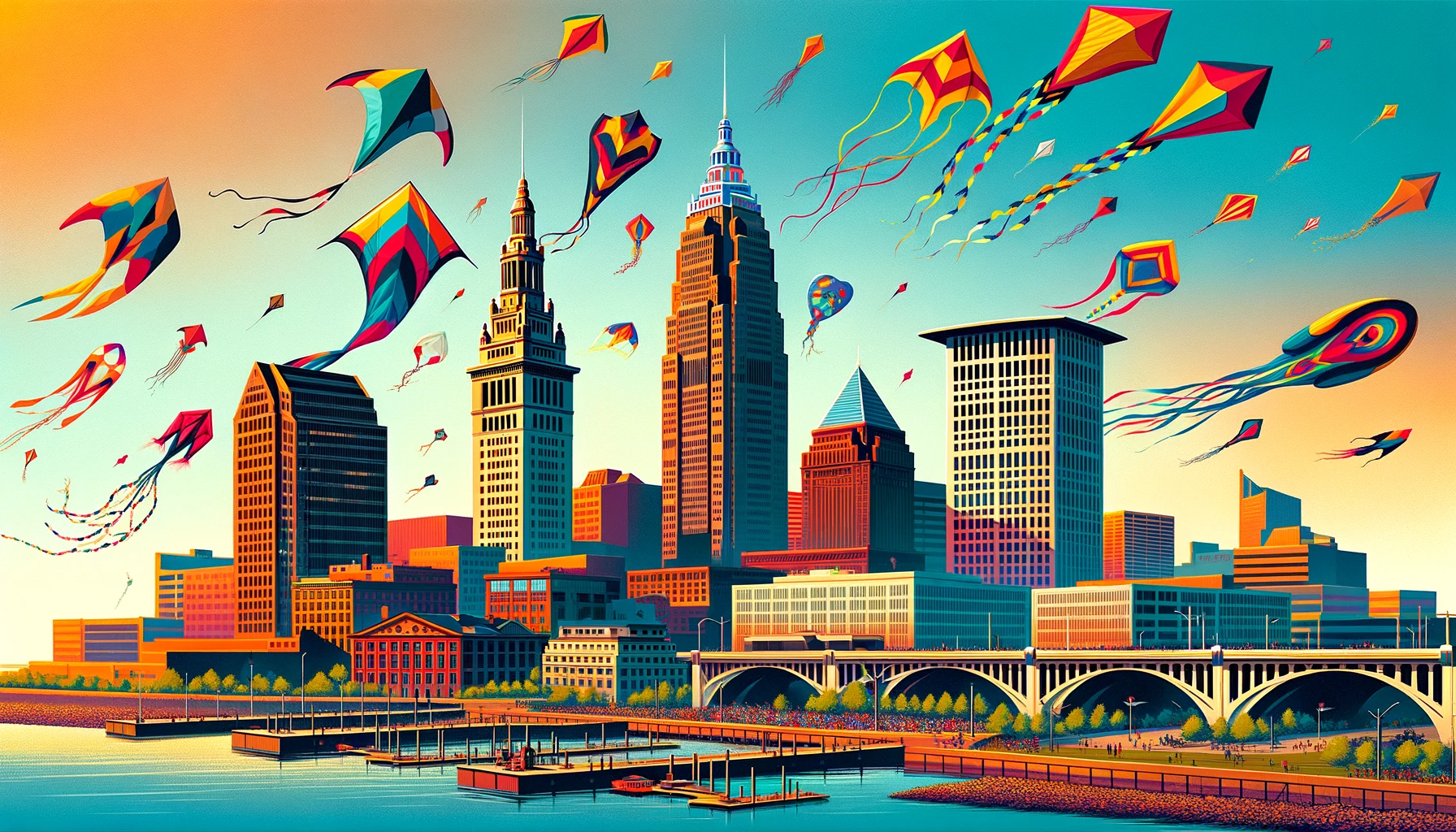 A stylistic picture of the cleveland skyline with kites